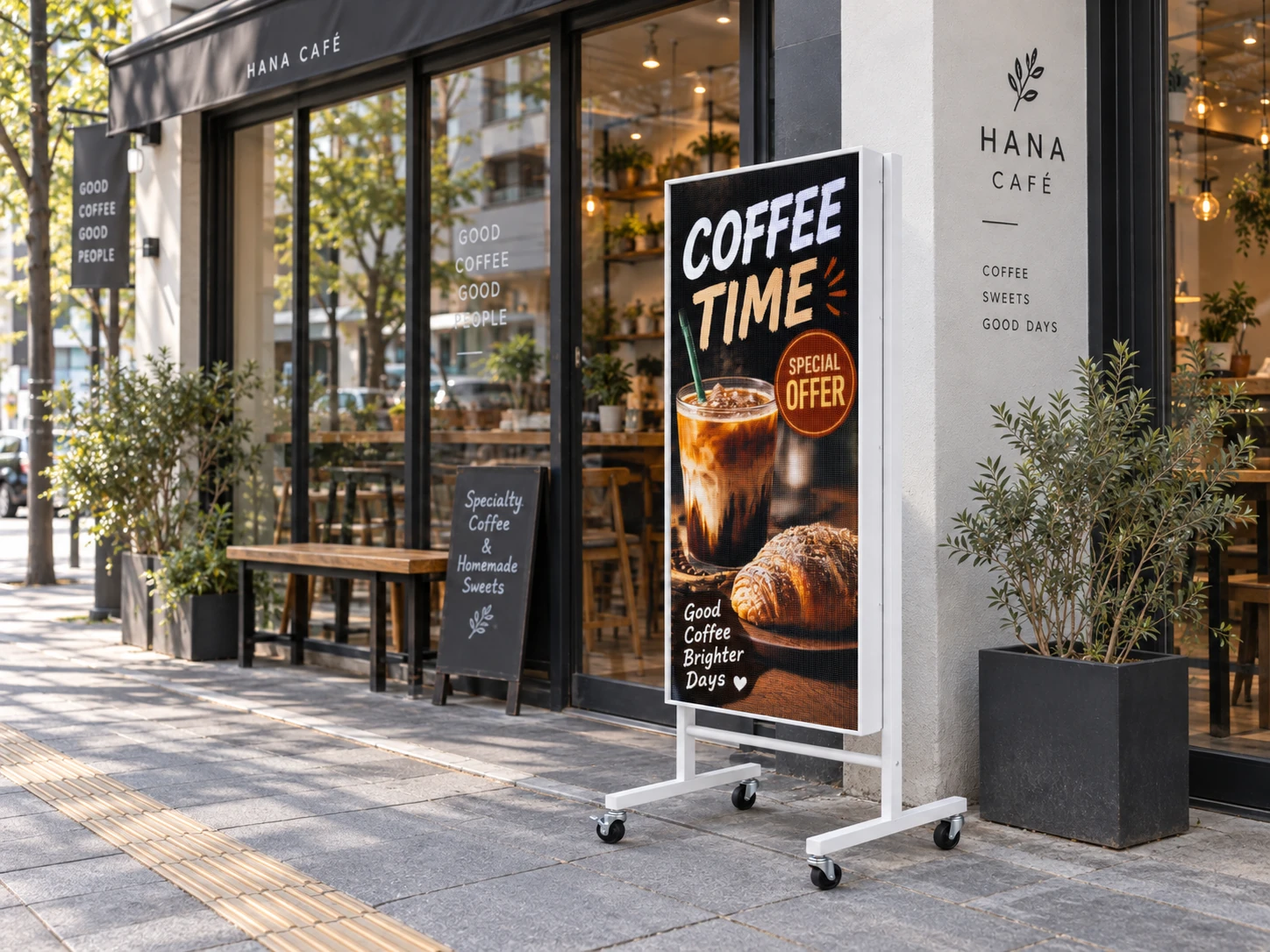 カフェ店頭に設置したスタンド式LEDビジョン