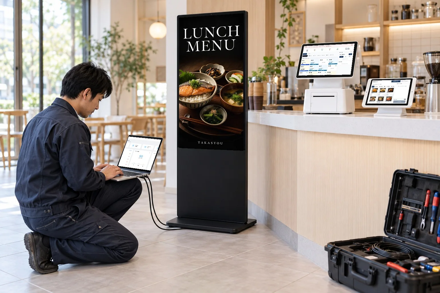 店舗のサイネージとPOS機器の導入設定を行うスタッフ