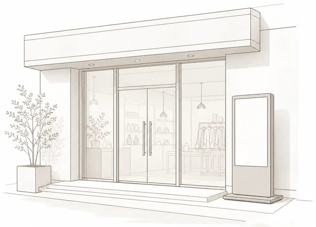 店舗とスタンド型サイネージ（線画）