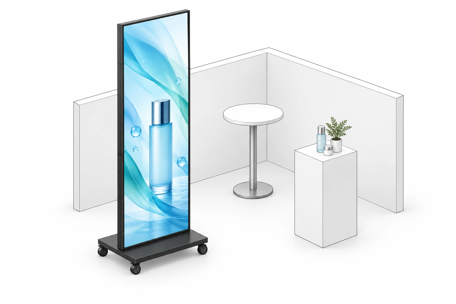 ブースPRプラン：キャスター付きのスタンド型LEDビジョンと製品展示スペース