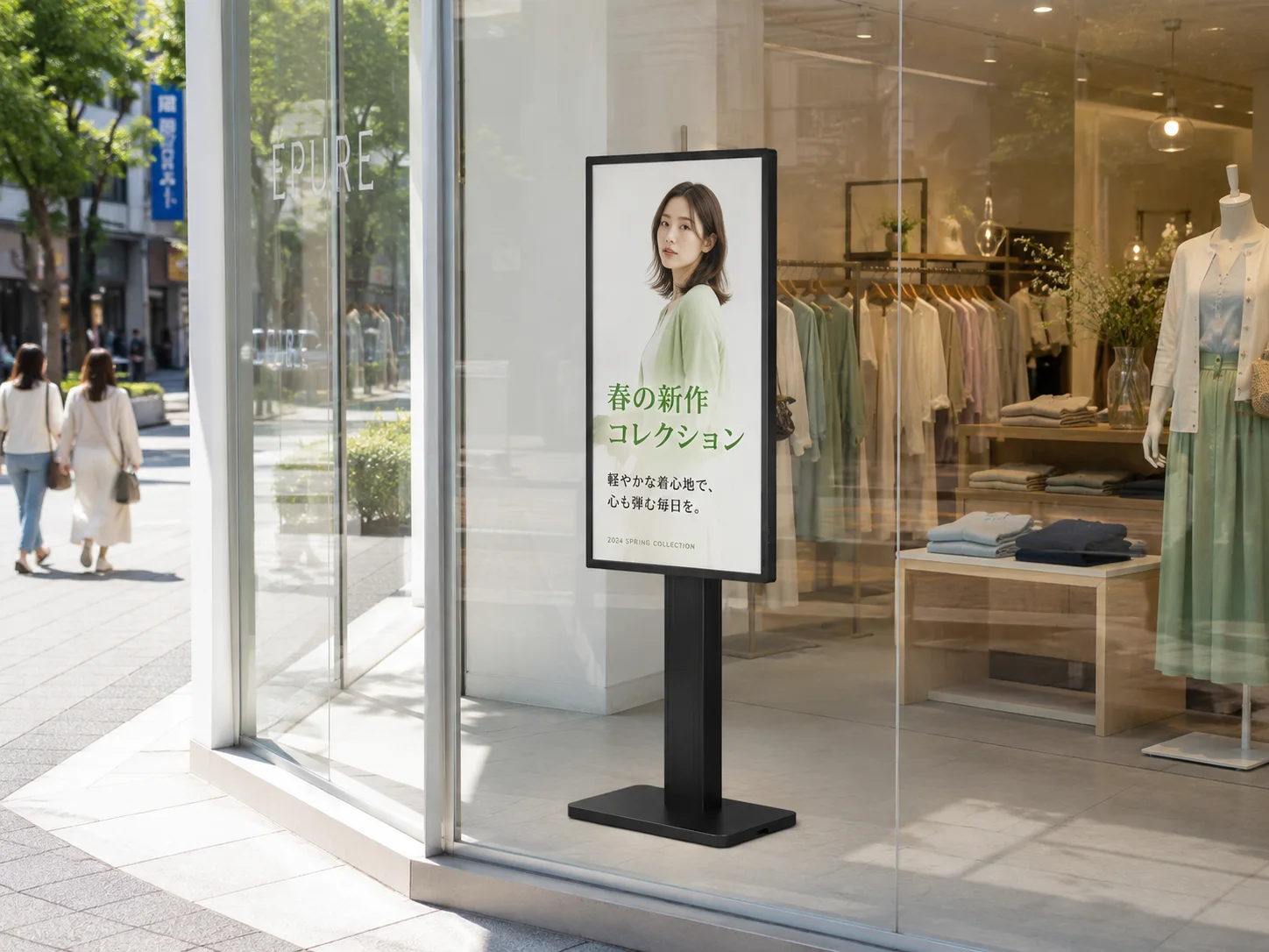 アパレル店舗の窓面に設置した窓サイネージ