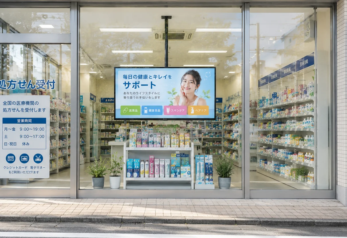 薬局の窓面に設置した窓サイネージ