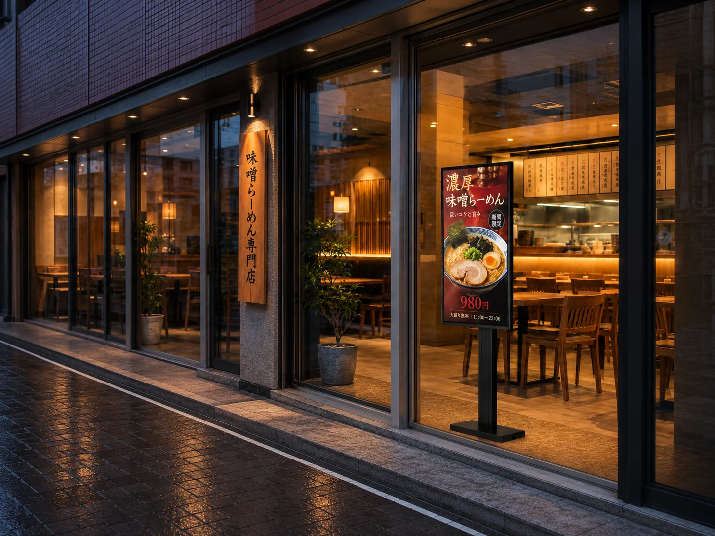飲食店の窓面に設置した窓サイネージ