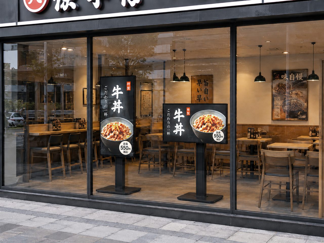 飲食店の窓際に設置されたウィンドウサイネージスタンド